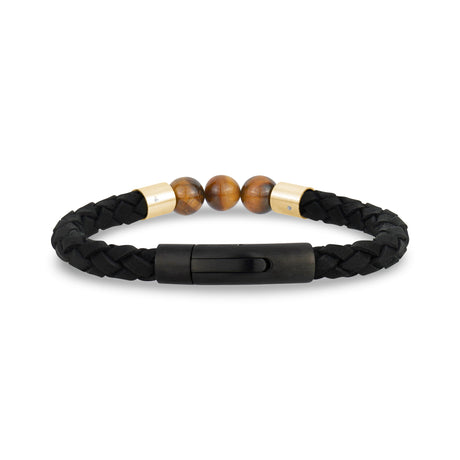 Black Leather Tiger Eye Bracelet - Mens Steel Leather Bracelets - The Steel Shop