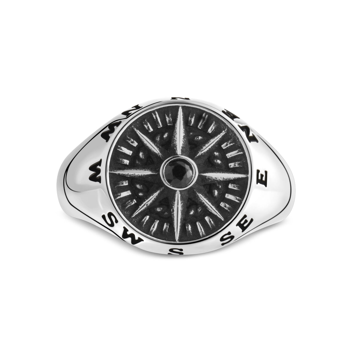 Black Stone Compass Signet Ring - Men Ring - The Steel Shop