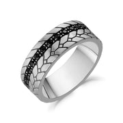 7mm Zwarte Steen Gedetailleerde Band - Mannen Ring - De Staalshop