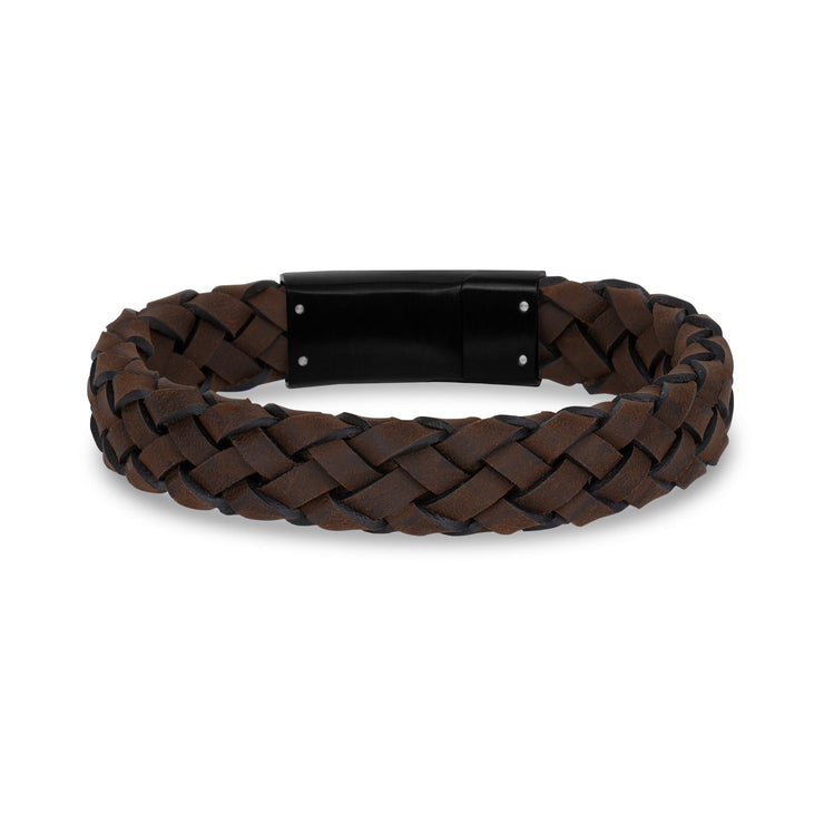 Heren Staal Leren Armbanden - 12mm Bruin Leder Zwarte Gesp Graveerbare Armband