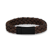Heren Staal Leren Armbanden - 12mm Bruin Leer Mat Zwart Gesp Graveerbare Armband