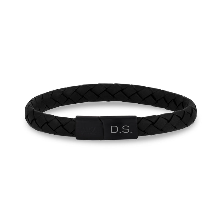Heren Staal Leren Armbanden - 8mm Plat Zwart Leer Graveerbare Armband