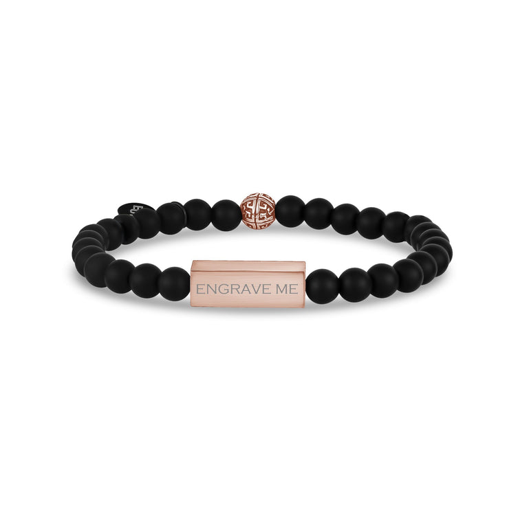 Unisex kralen armband - 6mm mat zwart graveerbare roségouden kralen armband